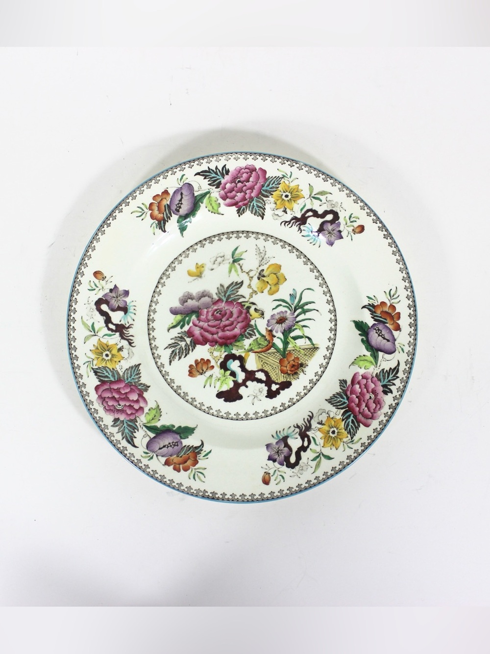 1880’s Antique Wedgwood Bullfinch Brown Dinner Plate with Blue Edge 10.25” Plate